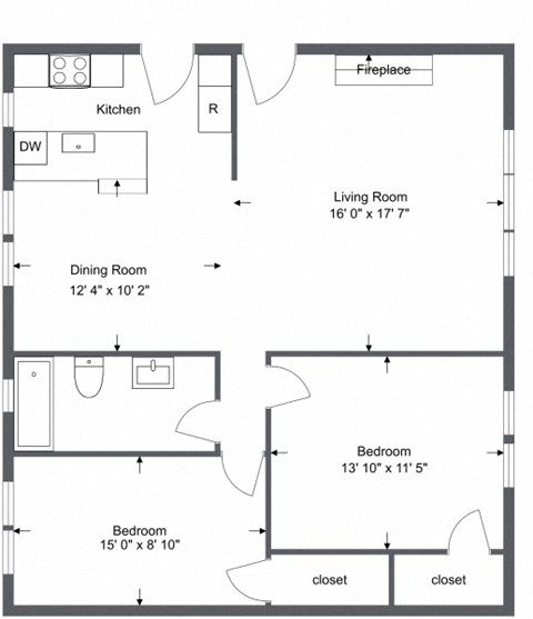 Floor plan for 2 beds, 1 bath, 954 sqft